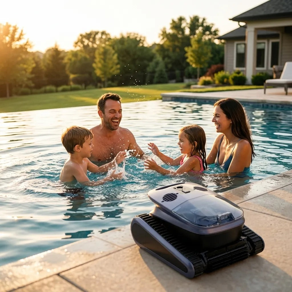 Robot Nettoyeur de Piscine Sonar IA Sans Fil — en fonctionnement dans la piscine