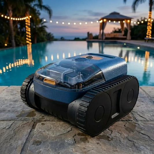 Robot de Piscine Tout-Terrain Sans Fil — au bord de la piscine