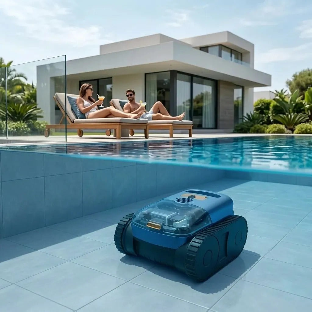 Robot de Piscine Tout-Terrain Sans Fil — en fonctionnement dans la piscine